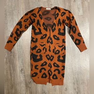 Leopard Print Cotton Blend Long Cardigan Sweater